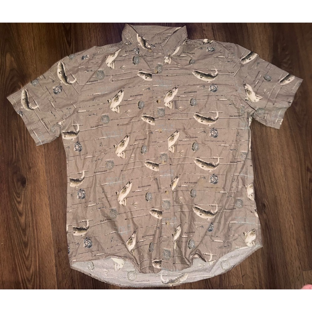 Woolrich Shirt Mens XL Tan Fly Fishing Trout Novelty Print